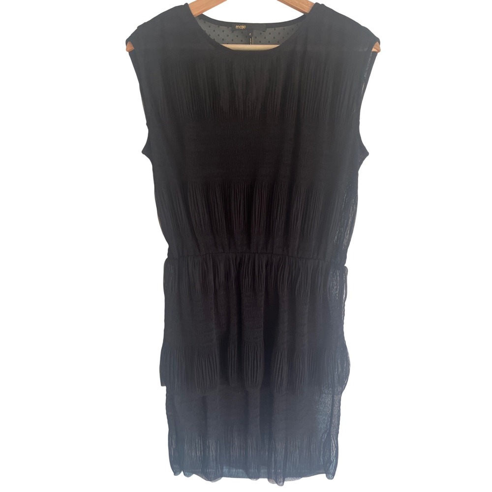 Maje Sleeveless Crinkle Tiered‎ Mini Dress Size 2 Black Sheer